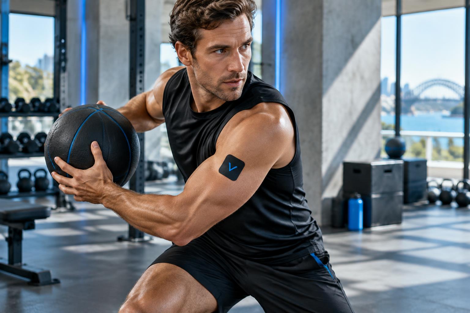 Strength athlete wearing a black patch with a blue V on his upper arm