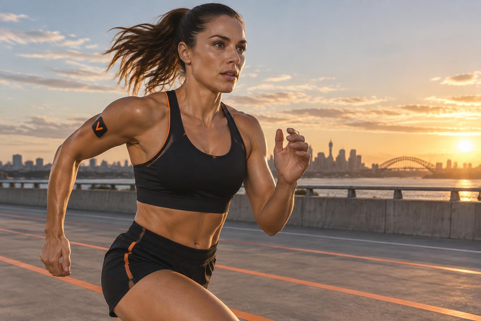 Runner wearing a black patch with an orange V on her upper arm