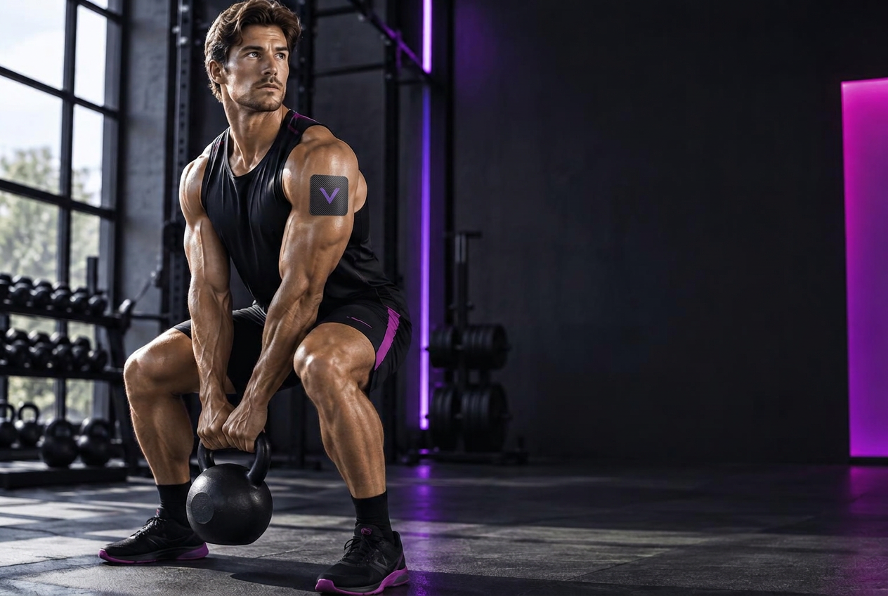 Training athlete wearing a black patch with a violet V on his upper arm